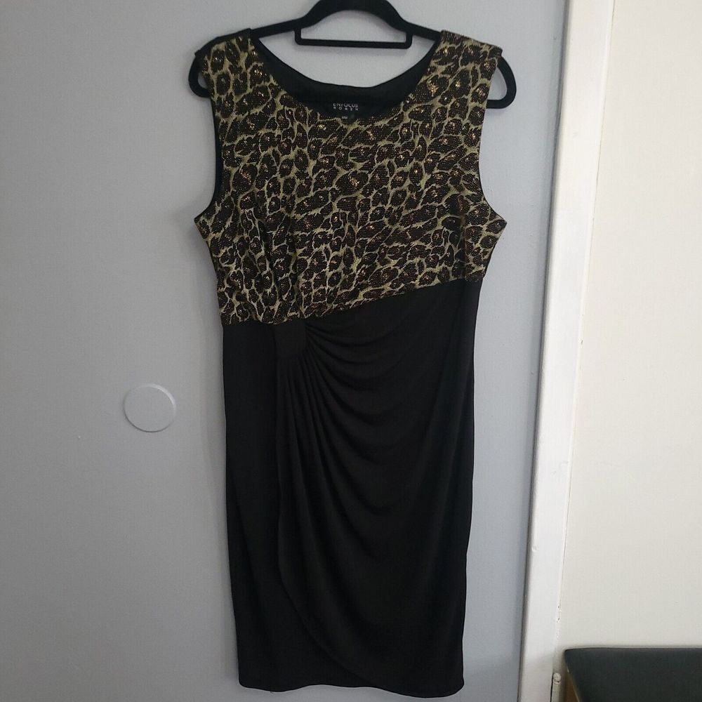 Enfocus Studio Women Size 14w Black/Gold‎ Sleeveless Animal Print Dress